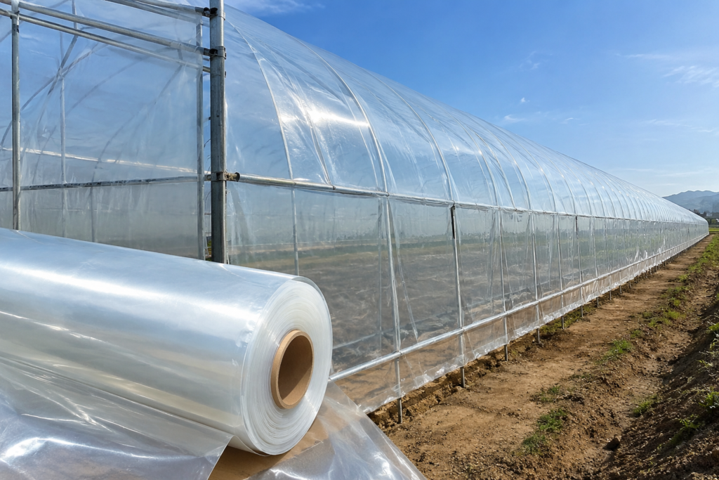 Greenhouse film covering a commercial growing structure