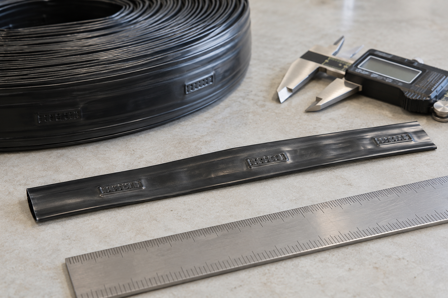 Drip tape sample with emitter, ruler and caliper — inspection illustration