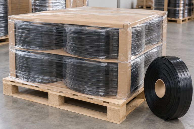 Drip tape rolls on a wrapped pallet — packaging illustration