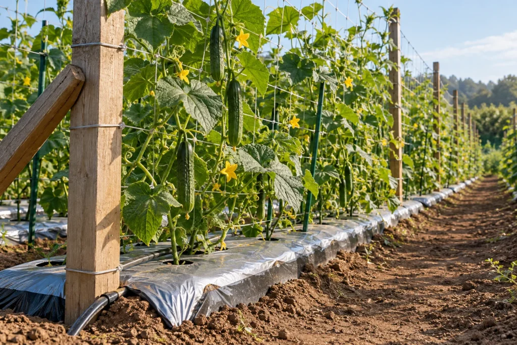 Cucumber trellis with climbing vines, hanging fruit, drip irrigation and silver mulch — AI illustration
