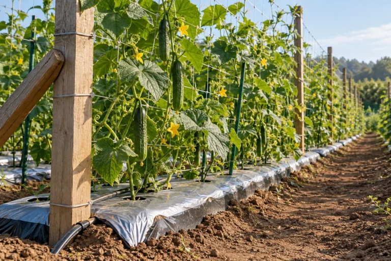 Cucumber trellis with climbing vines, hanging fruit, drip irrigation and silver mulch — AI illustration