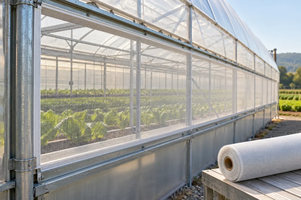 White insect netting across a greenhouse side vent with vegetable crops behind — AI illustration