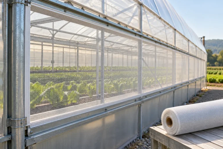 White insect netting across a greenhouse side vent with vegetable crops behind — AI illustration