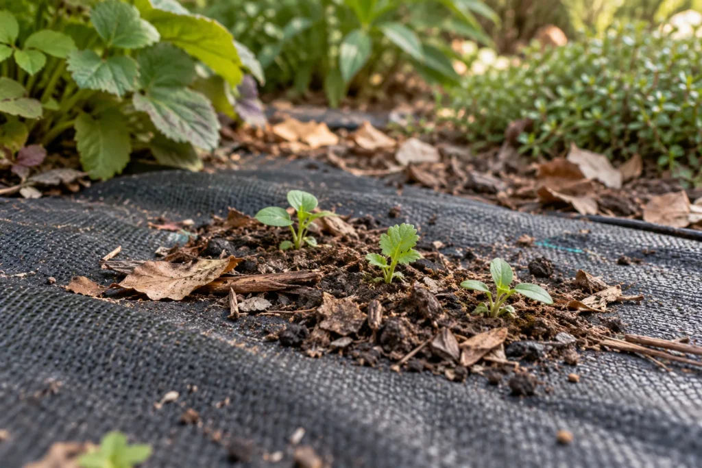 Small seedlings in surface debris above black landscape fabric — AI gardening illustration