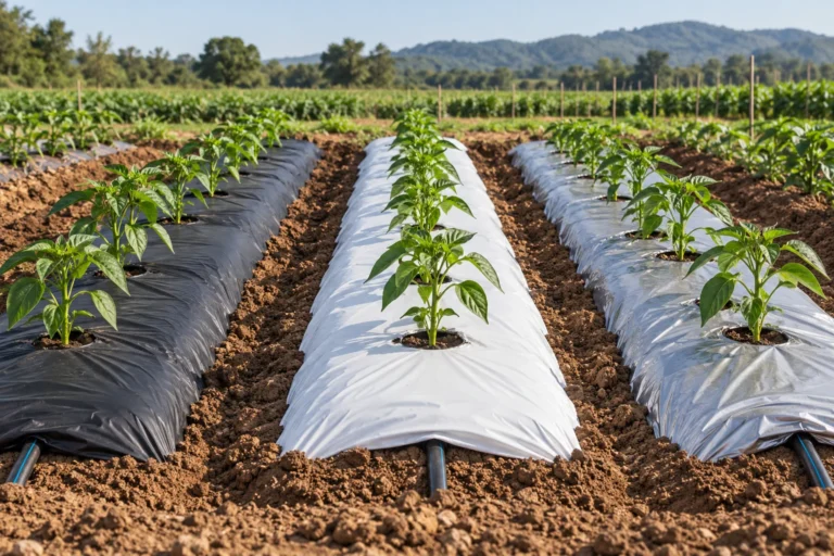 Black, white and silver plastic mulch on vegetable beds with drip irrigation — AI illustration