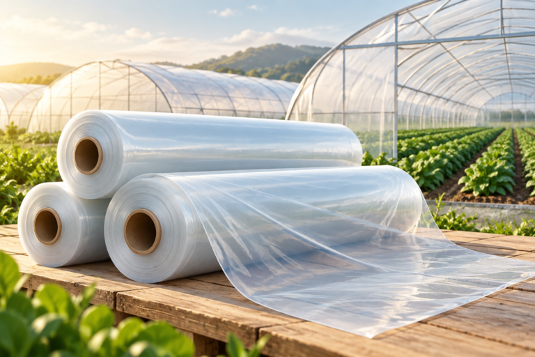 Illustration of greenhouse film rolls for a bulk order beside crop greenhouses