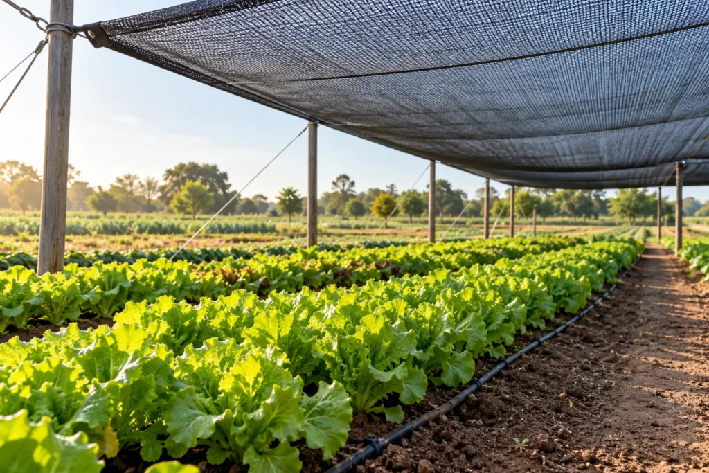 Black shade cloth canopy above lettuce beds with open sides and drip irrigation — AI illustration