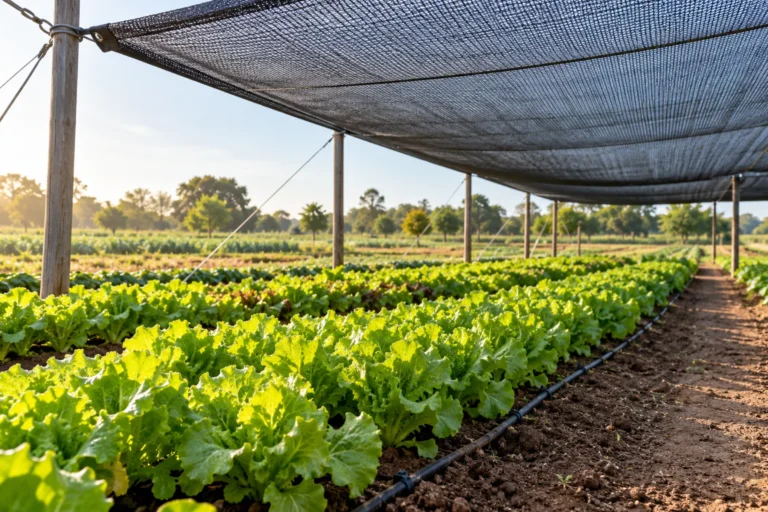 Black shade cloth canopy above lettuce beds with open sides and drip irrigation — AI illustration