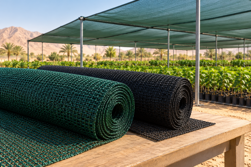 Illustration of shade net rolls beside a nursery shade house