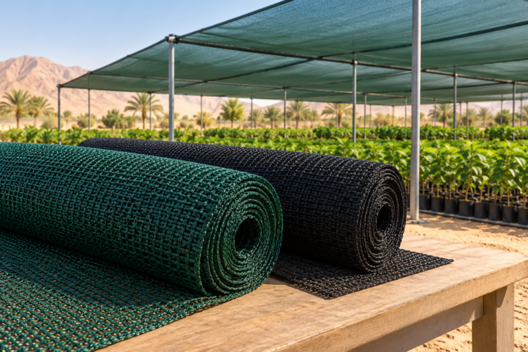 Illustration of shade net rolls beside a nursery shade house