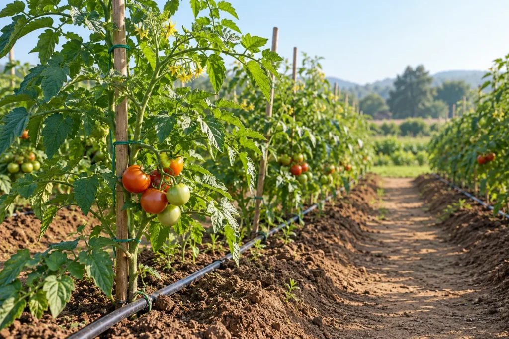 Tomato plants bearing red and green fruit, supported by stakes beside a drip irrigation line — AI illustration