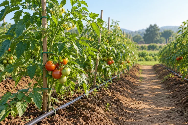 Tomato plants bearing red and green fruit, supported by stakes beside a drip irrigation line — AI illustration