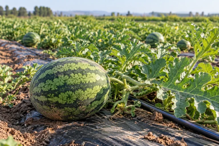 Watermelon fruit growing on a vine beside black mulch and a drip irrigation line — AI illustration