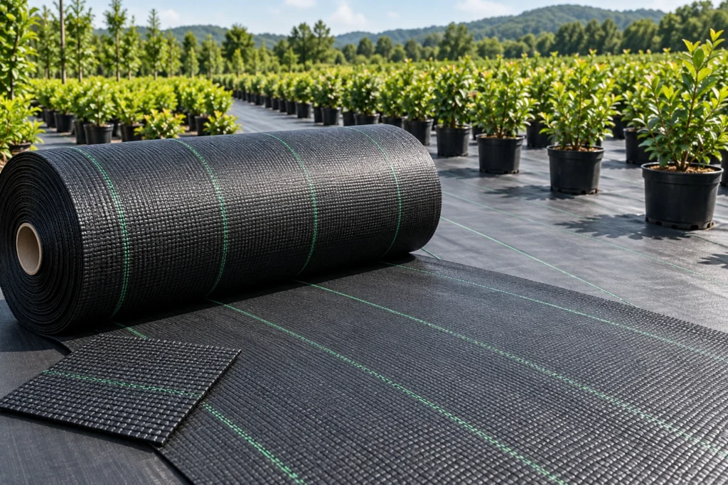 Weed control fabric roll and woven ground cover in a nursery — AI illustration