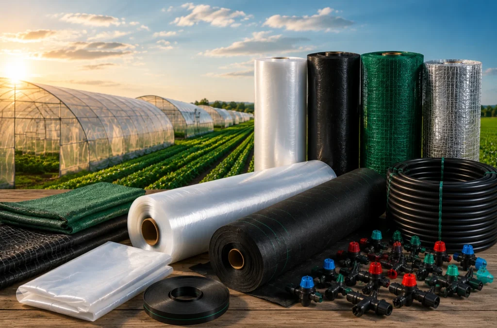 Agrarfolien, Netze, Bodengewebe und Bewässerungsmaterial vor Gewächshäusern